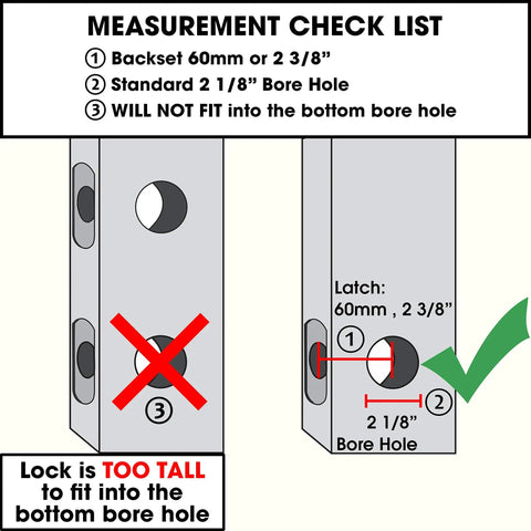 Measurement checklist for Keyless Entry 14 Digit Keypad Mechanical Door Lock Lever Set, noting 60mm backset and 2 1/8 inch hole size requirements