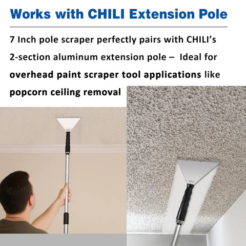 Person using Stainless Steel 7 Inch Pole Scraper With 1.8mm Heavy Duty Blade For Ceiling Paint Removal And Wallpaper Scraping Fits Extension Poles