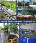 Collage showing uses of Outdoor Pond Air Pump 500 GPH Aerator Kit in ponds, hydroponics, and aquaculture setups.