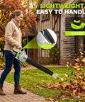 Woman using Cordless Leaf Blower 650 CFM With Dual 4.0Ah Batteries And Charger in garden