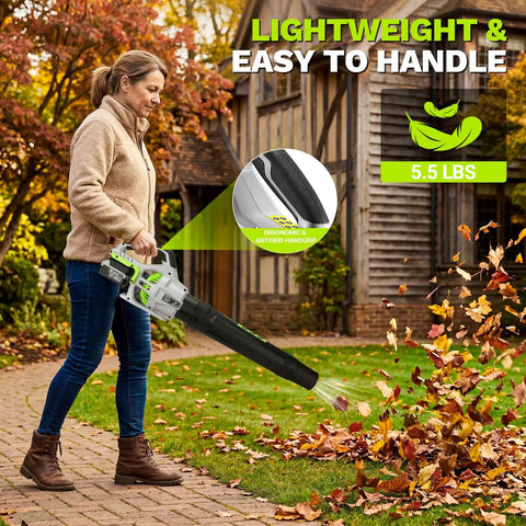 Woman using Cordless Leaf Blower 650 CFM With Dual 4.0Ah Batteries And Charger in garden