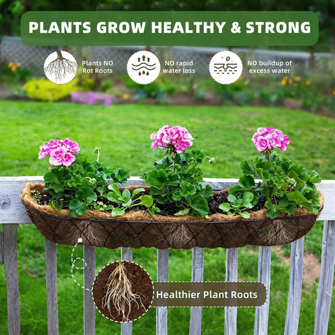 36 Inch Trough Coco Liners 3 Pack Natural Coconut Coir Fiber Wall Basket Planters with flowering plants on a fence