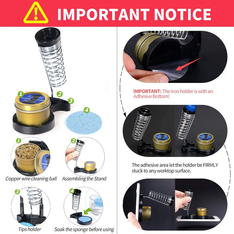 65W Digital Soldering Iron Kit assembly with iron stand, copper wire cleaning ball, sponge, and adhesive holder instructions