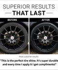Before and after of tire with Deep Black Tire Shine Spray With Long Lasting Tire Dressing No Sling And Dries To The Touch 18 Oz Kit