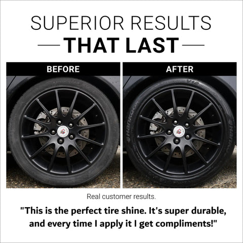 Before and after of tire with Deep Black Tire Shine Spray With Long Lasting Tire Dressing No Sling And Dries To The Touch 18 Oz Kit