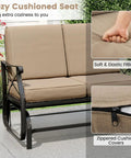 Two Person Patio Glider Bench With Comfy Cushions And Breathable Fabric, featuring soft fillings and zippered covers.