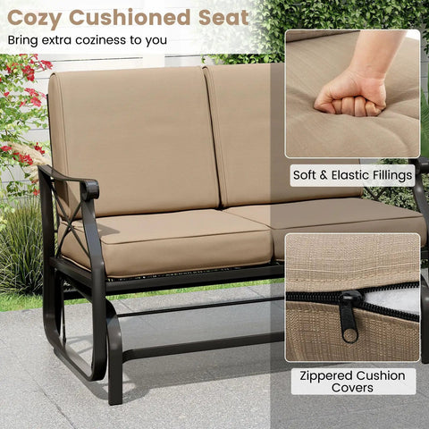Two Person Patio Glider Bench With Comfy Cushions And Breathable Fabric, featuring soft fillings and zippered covers.