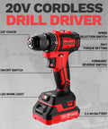 Heavy Duty Workhorse Cordless Drill And Impact Driver Duo With 20V Brushless Motor, showing a 20V cordless drill with speed settings.