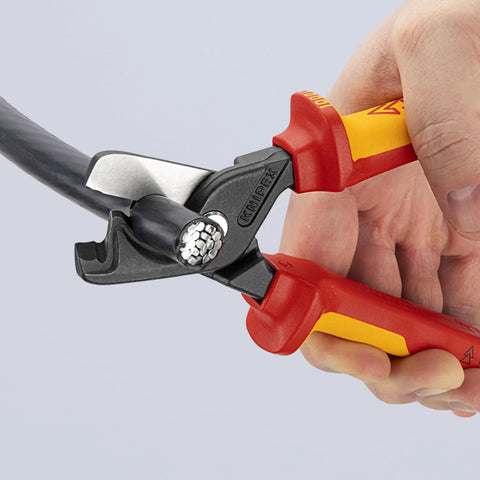 StepCut XL Cable Shears 1000V Insulated 9 Inch cutting cable, showing high leverage design for copper and aluminum wires.