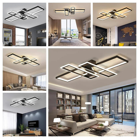Remote Control Dimmable LED Ceiling Light With Four Rectangular Black Metal Acrylic Flush Mount Fixtures, living room view.