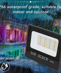Jenivaint LED Flood Light App Controlled 50W IP66 waterproof design, suitable for outdoor and indoor use in rain.
