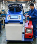 Heavy Duty Handheld Welder Machine With Digital Control Panel Automatic Wire Feeder And Kickass Welding Gun Built Tough for pipe fitting, shown in a workshop.