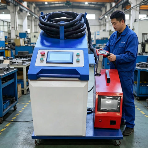 Heavy Duty Handheld Welder Machine With Digital Control And Auto Wire Feeder, operated by technician in workshop.