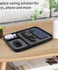 Slick Two Tone PU Leather Catchall Tray Hella Organized Entryway And Living Room Table Organizer For Keys Wallet Watch Jewelry Coins Black Frame Daily Essential on coffee table.