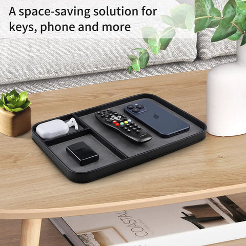 Slick Two Tone PU Leather Catchall Tray Hella Organized Entryway And Living Room Table Organizer For Keys Wallet Watch Jewelry Coins Black Frame Daily Essential on coffee table.