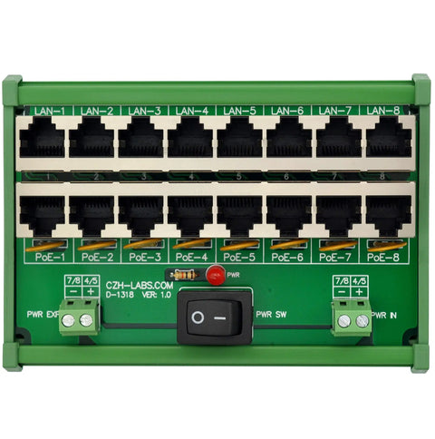 DIN Rail 8 Port Passive PoE Injector Module With RJ45 Power Over Ethernet For APs, Cams, And VoIP Phones, front view