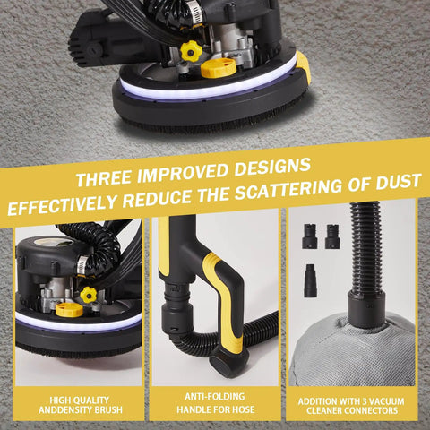 Dustless Drywall Sander With Vacuum Dust Collector Pro Grade 6.5 Amp 780W Variable Speed 900 To 1800 RPM features.