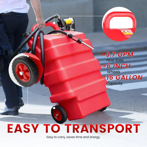 Portable 60L Fuel Caddy With 12V DC Pump Self Priming Gas And Diesel Transfer Tank on wheels in use for transport