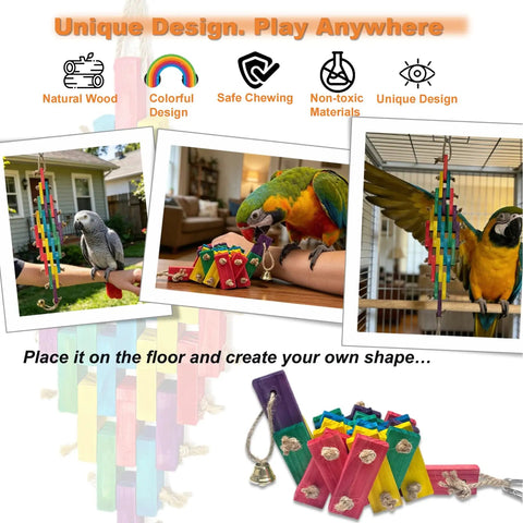 Hella Tough Parrot Chew Toy For Large Birds Natural Wood Blocks With Rope And Locking Carabiner shown with colorful design and parrots.