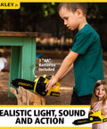 Child playing with Kids Battery Powered Deluxe Chainsaw Toy For Role Play Realistic Actions And Sounds With Safe Durable Build