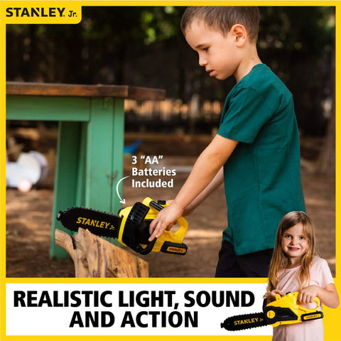 Child playing with Kids Battery Powered Deluxe Chainsaw Toy For Role Play Realistic Actions And Sounds With Safe Durable Build