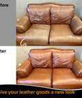 Before and after image of a couch restored using Heavy Duty Leather Recoloring Balm And Scratch Repair Kit For Couches With Straight Up Color Restorer And Furniture Dye Paste In Medium Brown To Make Your Gear Look Fresh And Dope.