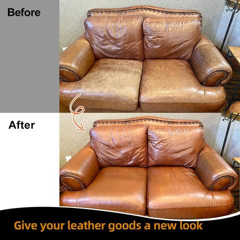 Before and after image of a couch restored using Heavy Duty Leather Recoloring Balm And Scratch Repair Kit For Couches With Straight Up Color Restorer And Furniture Dye Paste In Medium Brown To Make Your Gear Look Fresh And Dope.