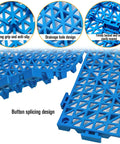Close-up of blue 12 Piece Interlocking Drainage Mat Tiles For Garage, Deck, Pool And Outdoor Indoor Floors, Cushioned Non Slip PVC Floor Tiles.