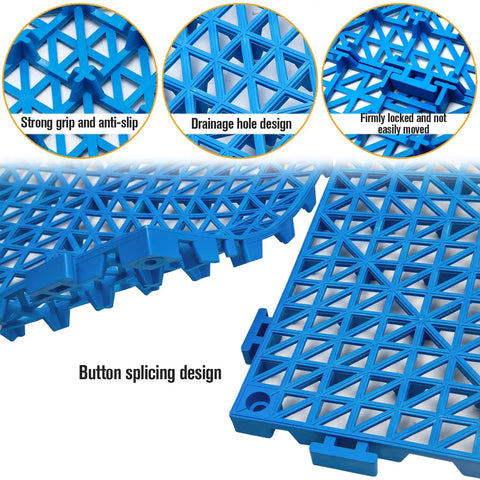 Close-up of blue 12 Piece Interlocking Drainage Mat Tiles For Garage, Deck, Pool And Outdoor Indoor Floors, Cushioned Non Slip PVC Floor Tiles.
