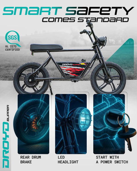 Kids Electric Bike For Ages 13 And Up 250W Mini Ebike With 24V Lithium Battery Top Speed 12.5 MPH Up To 12.5 Mile Range 16 Inch Tires LED Headlight Rear Drum Brake Easy To Ride And Built For Fun, side view
