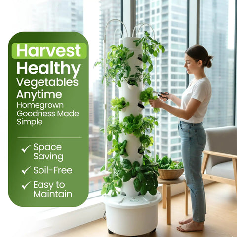 Woman using Dope Hydroponic Tower For Vertical Gardening Self Watering Self Lighting Grow Kit With 24 Net Pots And LED Grow Lights