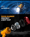 2 Pack Rechargeable Spotlight Flashlights 1,000,000 Lumen Beast Bright IP67 Waterproof showing light in water and parts breakdown.