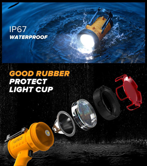 2 Pack Rechargeable Spotlight Flashlights 1,000,000 Lumen Beast Bright IP67 Waterproof showing light in water and parts breakdown.