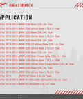 OKAYMOTOR turbocharger wastegate actuator - front view application list for BMW 2.0L models; red fits on gray background.