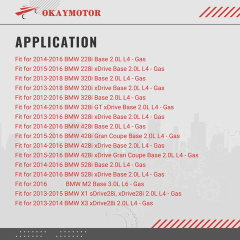 OKAYMOTOR turbocharger wastegate actuator - front view application list for BMW 2.0L models; red fits on gray background.