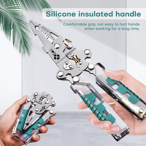 23 In 1 Foldable Go-To Electrical Pliers Multitool with Wire Stripper and Silicone Insulated Handle in use and folded view.