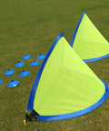 Two Pack Pop Up 4Ft Soccer Goals for Kids, Easy Setup, Portable Backyard Training Nets with 8 Field Cones on grass
