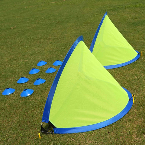 Two Pack Pop Up 4Ft Soccer Goals for Kids, Easy Setup, Portable Backyard Training Nets with 8 Field Cones on grass