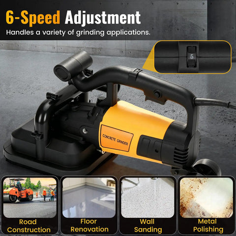 Heavy Duty Four Head Concrete Floor Grinder With Extendable Rod And Diamond Grinding Discs For Flawless Wall To Wall Finishes That Rip Through Tough Concrete Floors, featuring 6-speed adjustment.