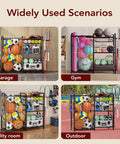 Garage Sports Equipment Organizer With Ball Storage Large Capacity For Gear And Toys Includes Hooks And Baskets For Basketballs Soccer Balls Footballs Golf Balls Bats And More in various settings