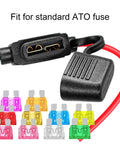 Close-up of Tough Waterproof Inline Fuse Holder Kit with 14 gauge 10 inch wires, compatible with ATO ATC standard blade fuses.