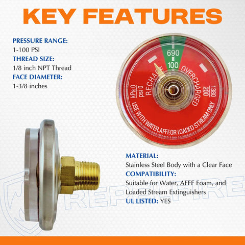 100 Psi Pressure Gauge For Portable Water Fire Extinguishers With One Eighth Inch NPT Thread Beefy Stainless Steel Body Clear Dial Replacement Part One Pack, side view
