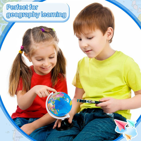 Children learning geography with 24 Piece Mini World Globe Set For Kids Learning Kid Friendly 3 Point 4 Inch Rotating Globes