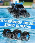 Amphibious One To Sixteen Scale Remote Control Monster Truck With Waterproof Sealed Body driving on water surface