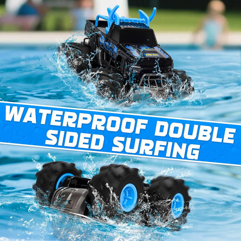 Amphibious One To Sixteen Scale Remote Control Monster Truck With Waterproof Sealed Body driving on water surface