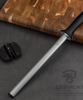 Diamond Coated 12 Inch Knife Sharpening Steel With Premium Honing Rod For All Knives on wooden board