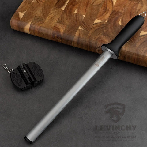 Diamond Coated 12 Inch Knife Sharpening Steel With Premium Honing Rod For All Knives on wooden board