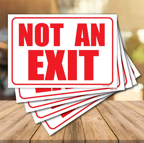 Premium 5 Pack No Exit Sign Decals Featuring Strong Self Adhesive Backing Ideal For Office Doors And Business Spaces Clear Warning Stickers 10 By 7 Inches visible in stack on wooden surface.