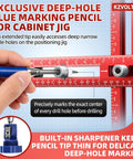 Foldable Boss Level Cabinet Hardware Jig With Pro Carpenter Pencil, Adjustable Drawer Pull And Door Hinge Template, Heavy Duty Aluminum Drill Guide with blue marking pencil.