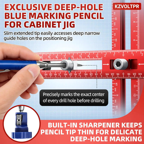 Foldable Boss Level Cabinet Hardware Jig With Pro Carpenter Pencil, Adjustable Drawer Pull And Door Hinge Template, Heavy Duty Aluminum Drill Guide with blue marking pencil.